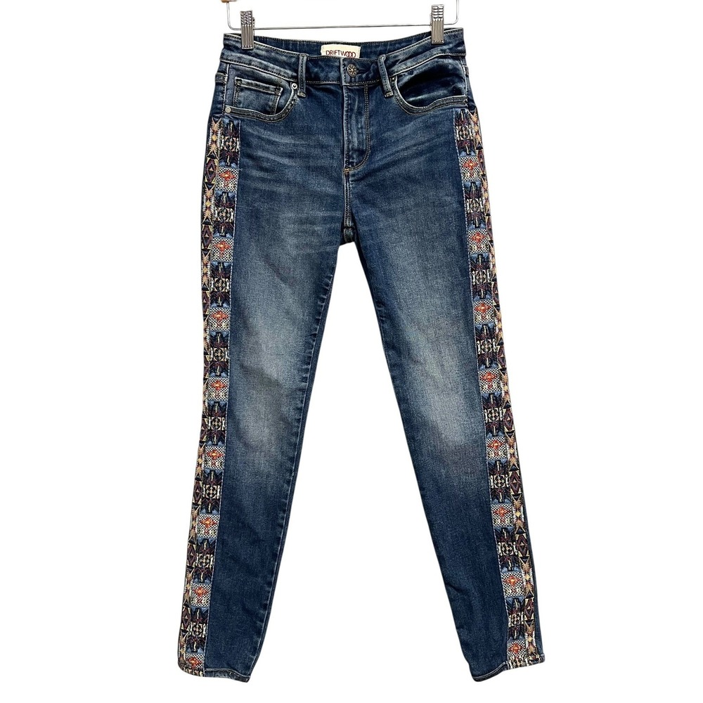 DRIFTWOOD Dark Blue Skinny Jeans with Patterned Side Trim